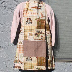 Cabin Print Children's Full Apron Size 3-8 Handmade Reversible Pocket Brown Tan